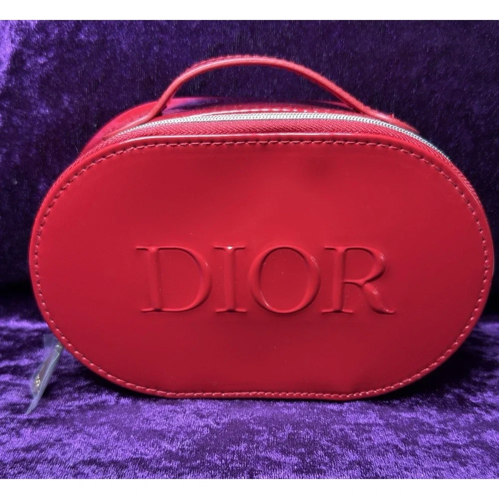 Dior Patent Red‎ Pouch Zip Cosmetic Handle Travel Bag Makeup Perfume Jewelry